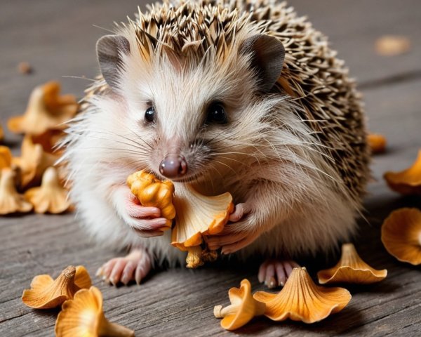 Hedgehog Holding Mushroom on Wooden Surface with Chanterelles