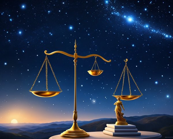 Golden Scales of Justice Against Starry Night Sky