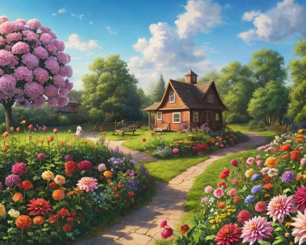 Charming Wooden House Surrounded by Vibrant Gardens