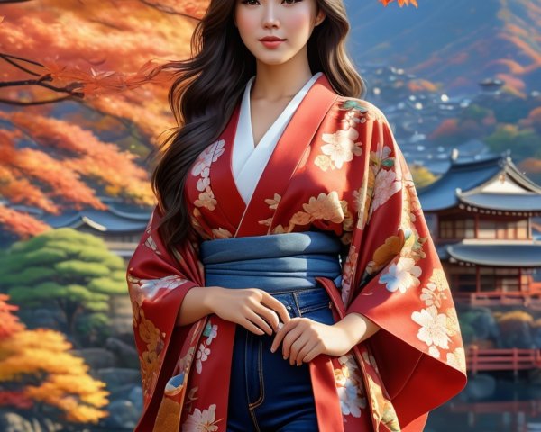 Young Woman in Red Kimono by Serene Lake Scene