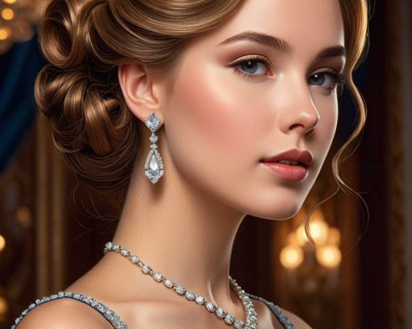 Elegant Young Woman in Royal Blue Gown and Jewelry