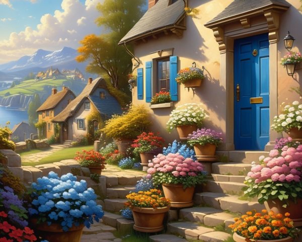 Charming Cottage with Blue Door and Colorful Blooms