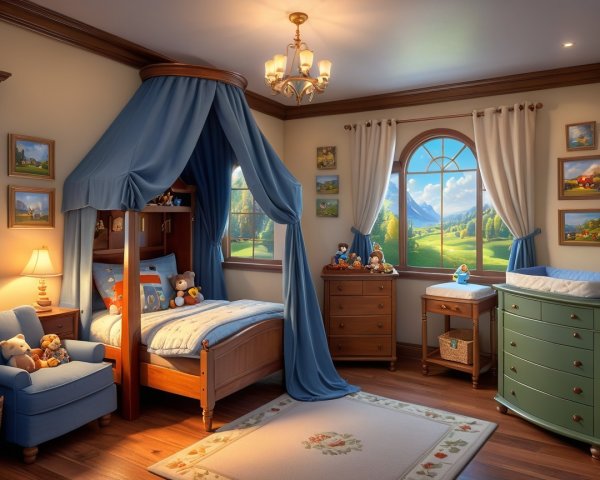 Cozy Children's Bedroom with Loft Bed and Scenic View