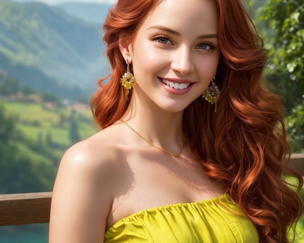 Young woman in yellow dress with red hair in nature