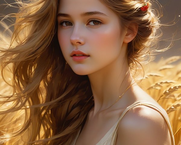Young woman in golden wheat fields with sunlight glow