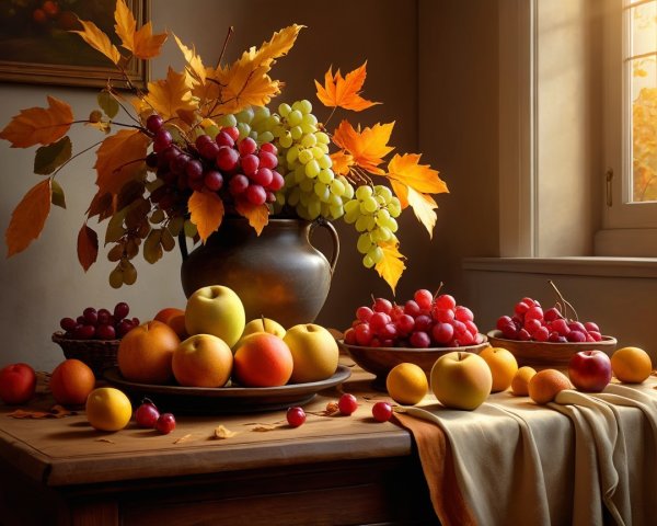 Still-life of Fruits with Autumn Leaves and Natural Light