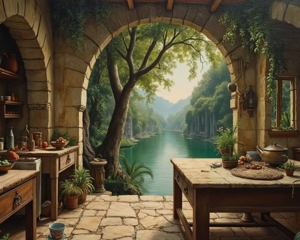 Rustic kitchen with stone arches and river view