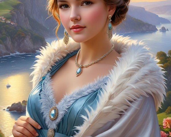 Elegant Woman in Blue Gown Against Coastal Landscape