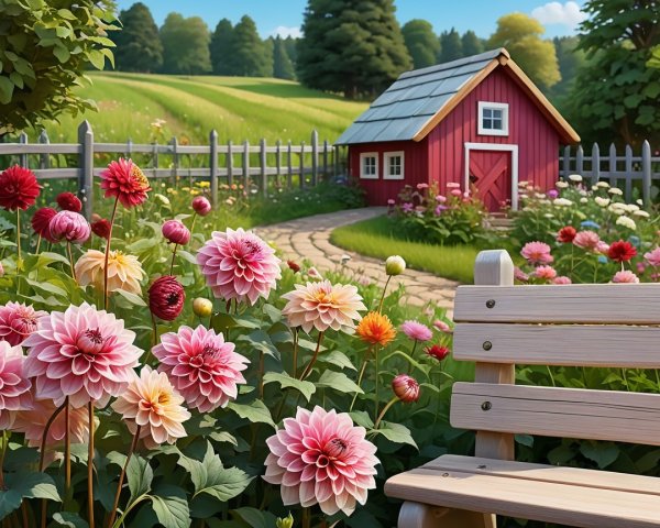 Quaint Red Barn Surrounded by Vibrant Fields and Dahlias