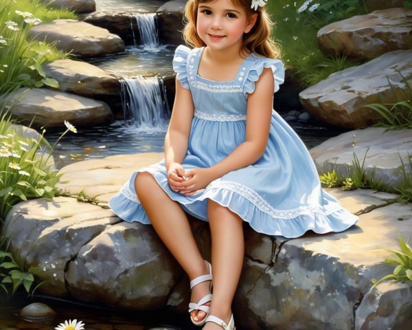 Young girl in blue dress by a serene stream
