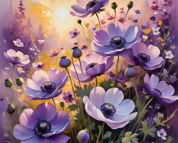 Purple Anemones Blooming in a Sunlit Meadow