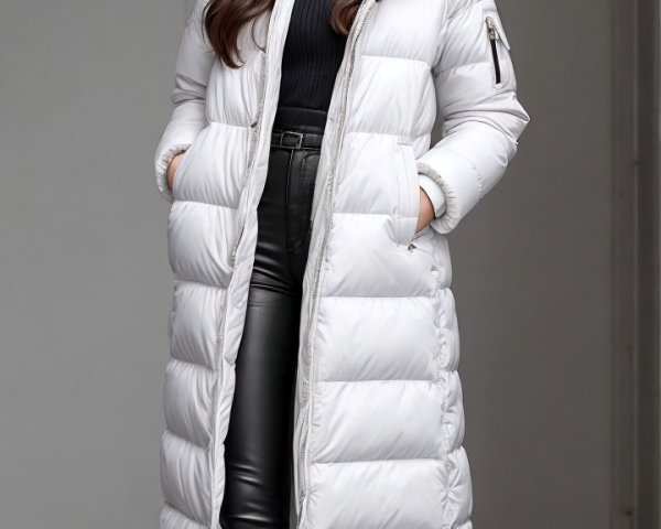 Young woman in stylish white puffer coat and black outfit