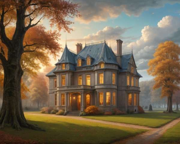 Victorian Mansion Surrounded by Autumn Trees