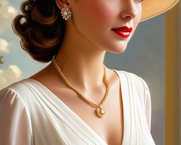 Elegant Woman in Vintage White Dress and Straw Hat