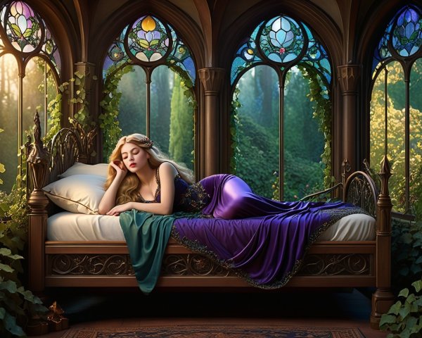 Serene Young Woman on Ornate Bed in Enchanted Setting