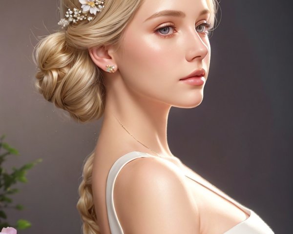 Young woman in elegant floral hairpin and white dress