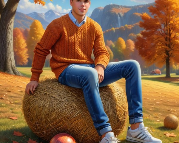 Young man in orange sweater on hay bale in autumn landscape