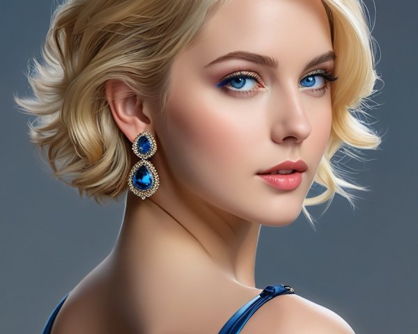 Young woman in blue dress with elegant features