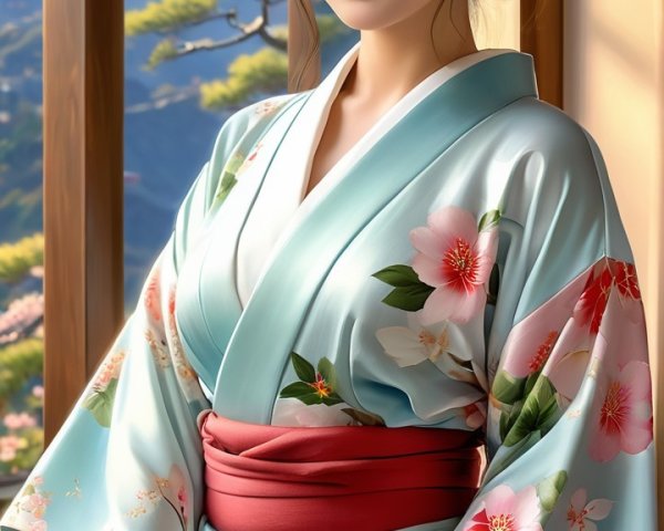 Young Woman in Kimono in Sunlit Room with Landscape