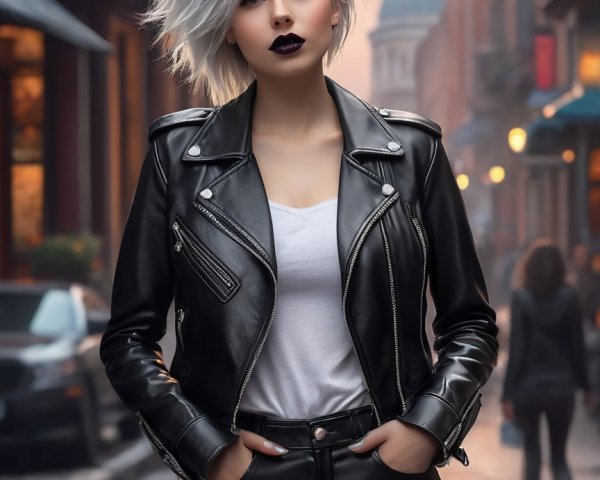 Young Woman in Leather Jacket on Cobblestone Street
