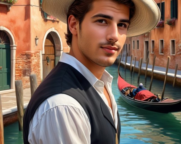 Young Man by Serene Canal with Colorful Buildings