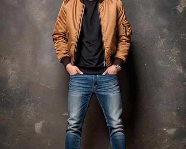 Young man in stylish bomber jacket against gray wall