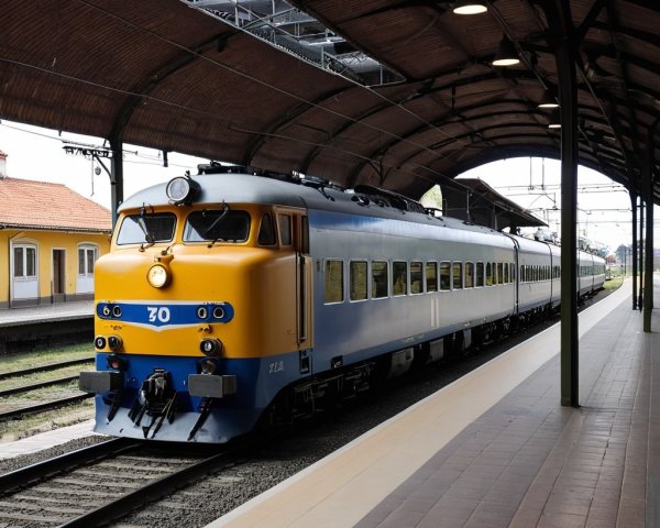 Vintage Blue and Yellow Train at Nostalgic Station