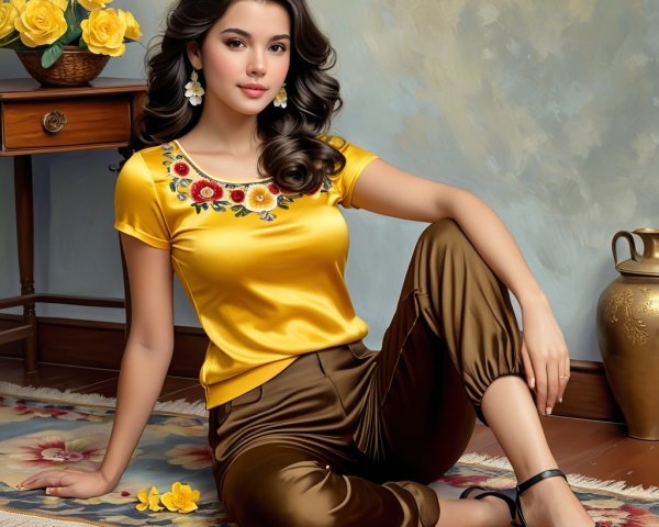 Young woman in floral top on wooden floor with roses