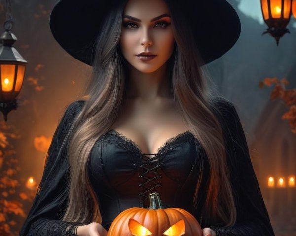 Witch in Autumn Setting with Carved Pumpkin and Lanterns