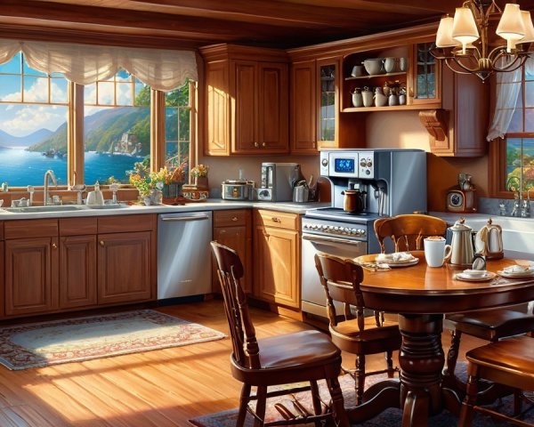 Cozy kitchen with wooden cabinetry and scenic views