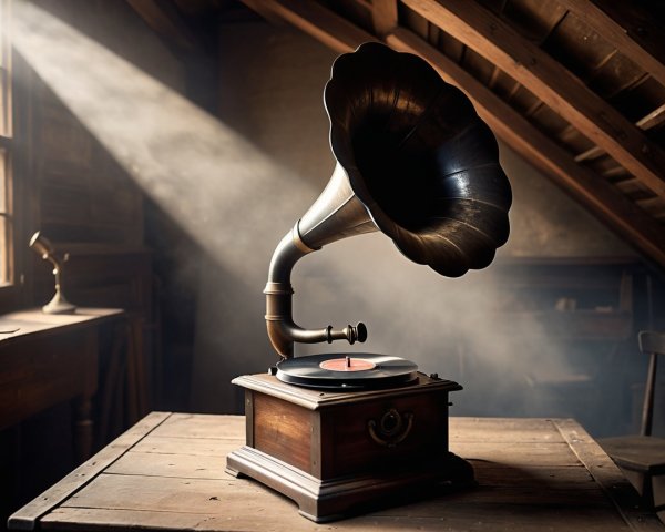 Antique Gramophone on Rustic Table in Dim Attic