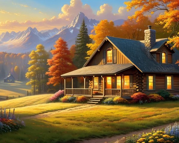 Cozy Wooden Cabin in Vibrant Autumn Landscape