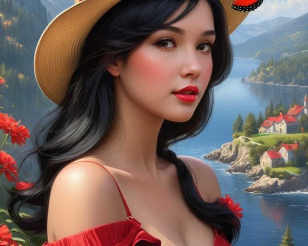 Young Woman in Red Dress Surrounded by Nature