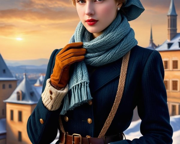 Young Woman in Vintage Navy Coat Against Snowy Background