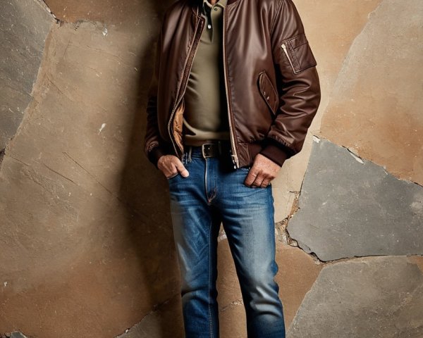 Stylish Older Man in Brown Bomber Jacket and Jeans