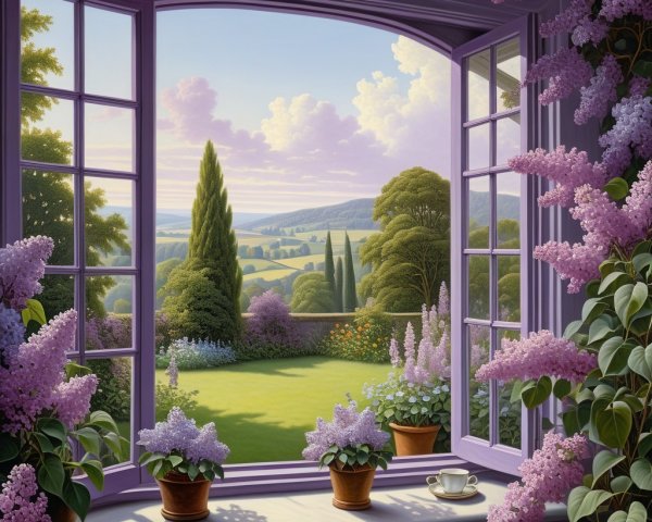 Serene Garden View from Lavender Window Frame