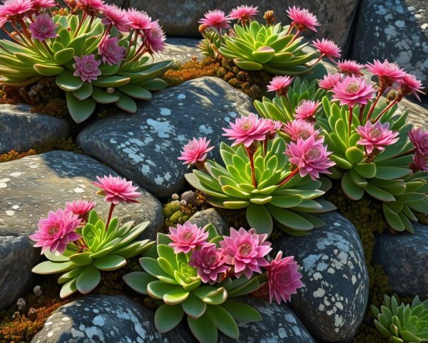 Succulent Plants and Textured Gray Stones Arrangement