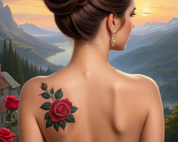 Elegant Woman with Rose Tattoo at Sunset Landscape