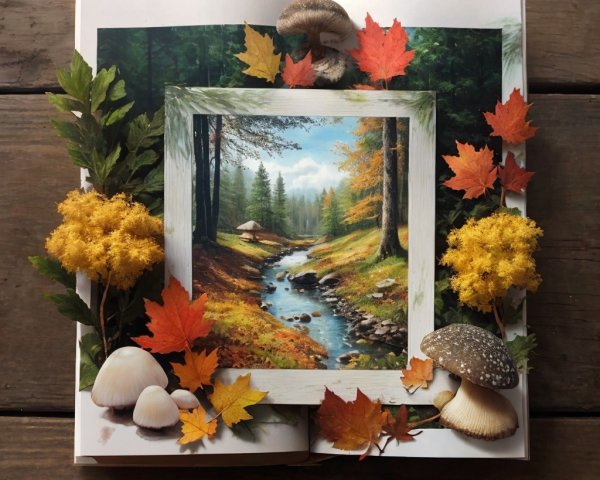 Open Book Featuring Autumn Forest Scene and Leaves