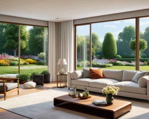 Modern Living Room with Garden View and Natural Light
