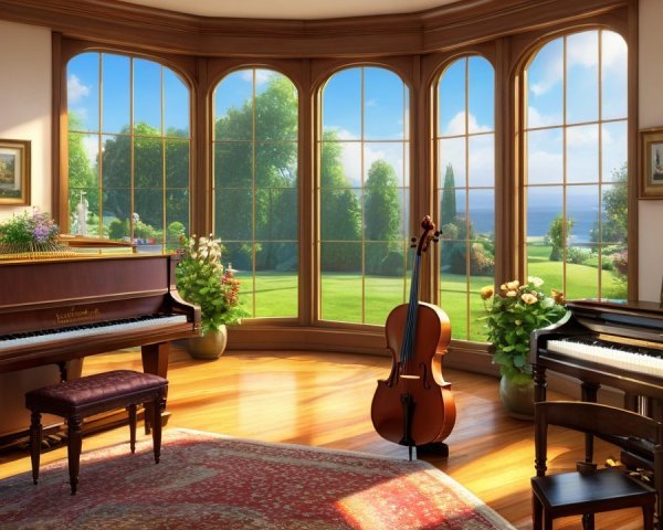 Sunlit Room with Grand Piano and Scenic Garden View