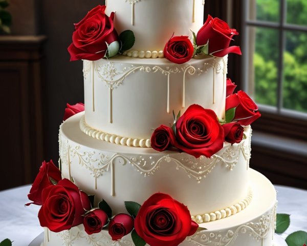 Three-Tier Wedding Cake with Lace and Roses