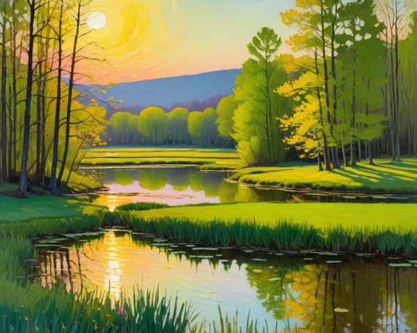 Serene Dawn Landscape with Reflective River and Trees