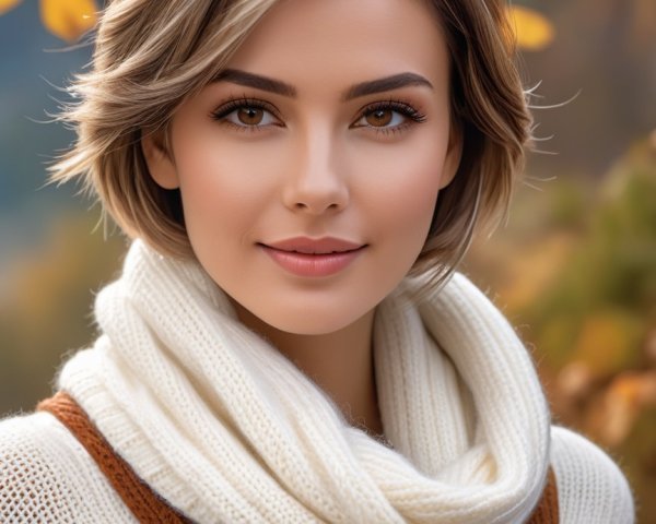 Young woman in cozy sweater amidst autumn foliage