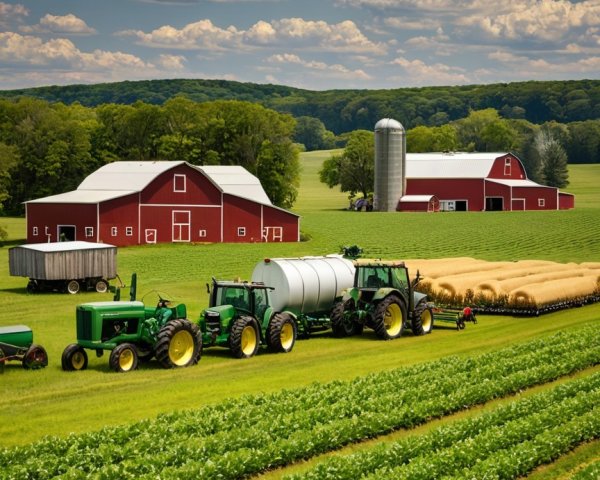 Vibrant Farm Scene with Tractors and Barn in Hills