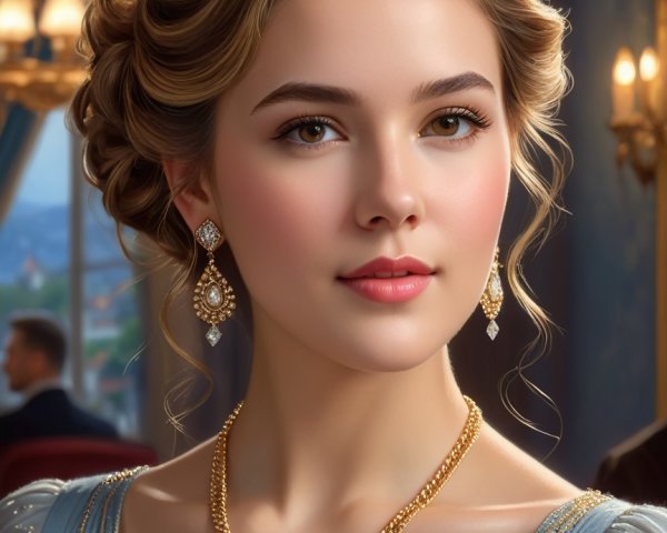 Elegant Young Woman in Soft Blue Gown and Updo
