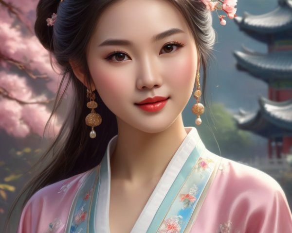 Serene Woman in Pastel Pink Robe Amid Cherry Blossoms