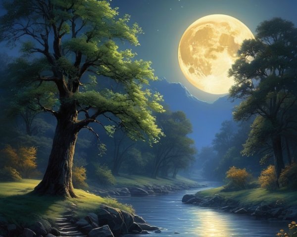 Serene Nighttime Landscape with Full Moon and River