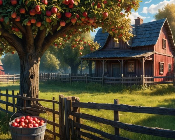 Rural Scene with Red Barn, Apple Tree, and Fence