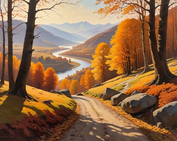 Serene Autumn Landscape with Winding River and Foliage